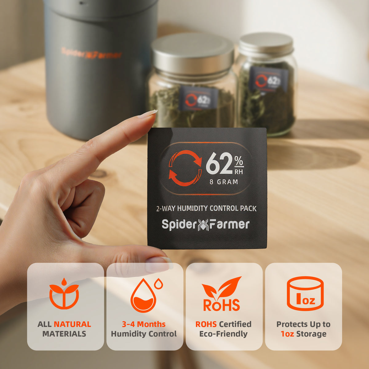 
                  
                    Spider Farmer 62% RH 8g 2-Way Humidity Control Packs | 10 Packs | Each for Storing 1 oz | Moisture Balance for Herbs, Cigar, Food & Wood Products Fresh Storage | Great for Small Storage Containers, Mason jars
                  
                