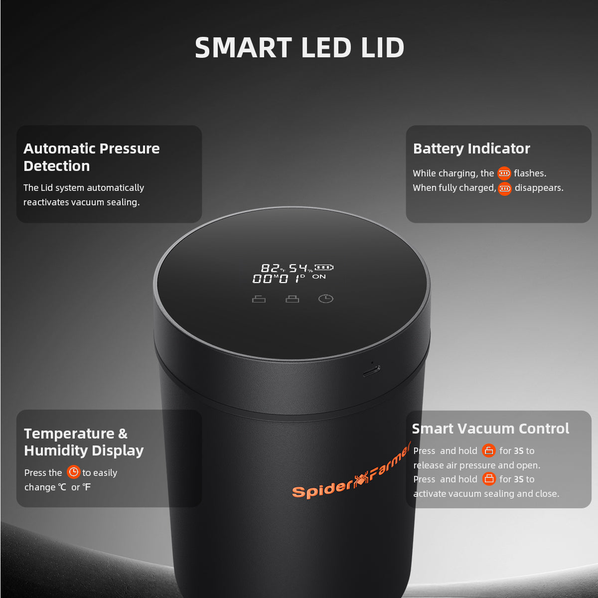 
                  
                    Spider Farmer®2L Auto-Cure Smart Jar | Portable Vacuum Seal Curing Jar with Smart Lid | 4 Pcs 2-Way 62% Humidity Packs | Wide Mouth and Flat Bottom | Curing and Fresh Storage for Coffee, Herb, Mushrooms,Spices, Flower,Foods
                  
                