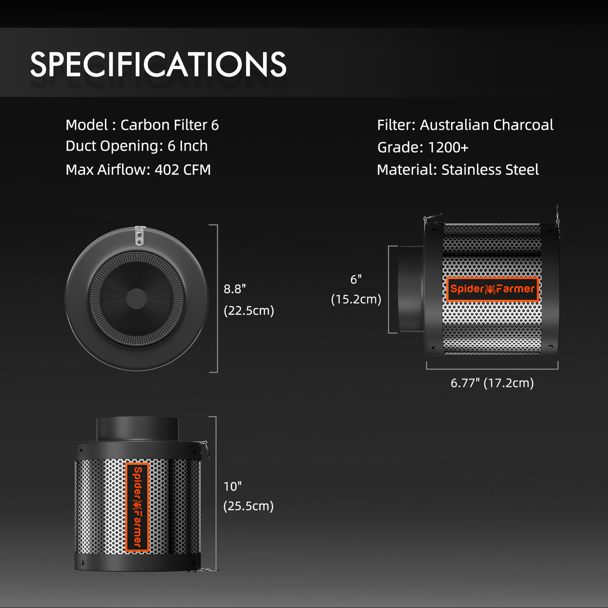 
                  
                    Spider Farmer 6 Inch Inline Fan Air Carbon Filter with Speed Controller, GGS Controller Controllable
                  
                