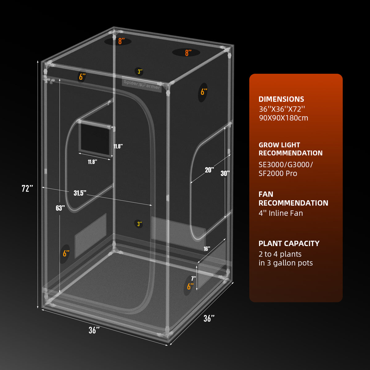 
                  
                    Spider Farmer® 90x90x180cm Complete Grow Tent Kit丨G3000 WiFi & Bluetooth App-Controlled LED Grow Light丨6” Clip Fan丨4” Ventilation System with Speed Controller
                  
                