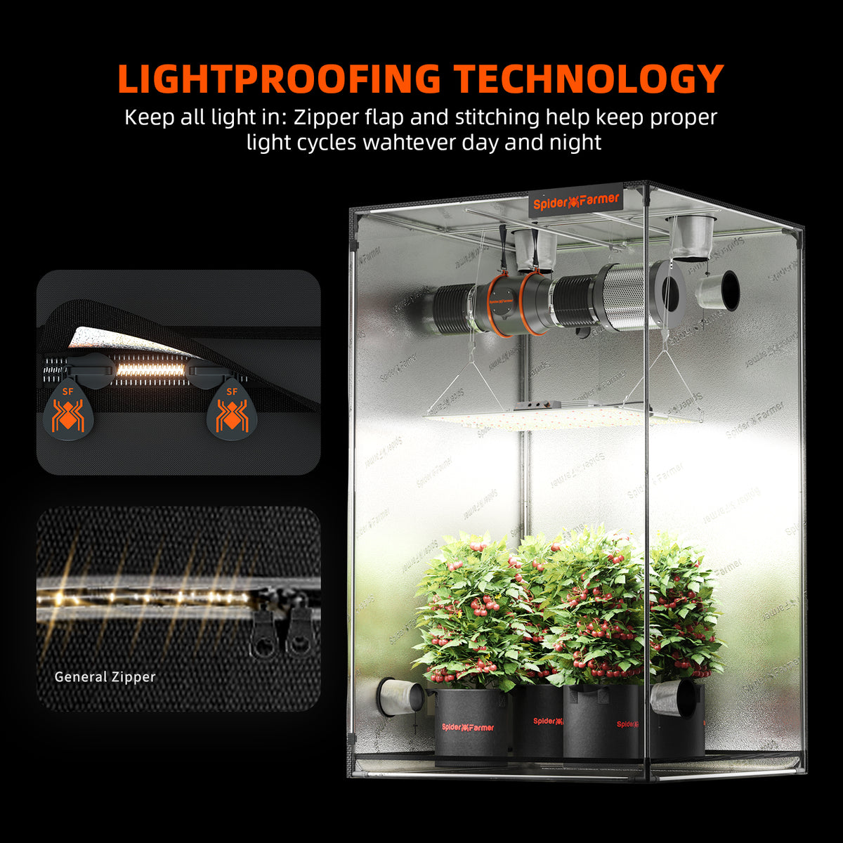 
                  
                    Spider Farmer® 120x60x180cm Complete Grow Tent Kit丨SF2000 301H EVO Full Spectrum LED Grow Light丨6” Clip Fan丨4” Ventilation System with Smart APP GGS Controller
                  
                