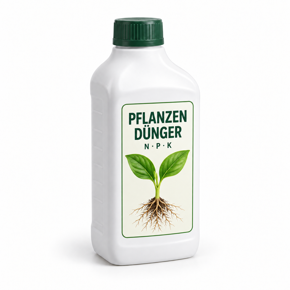 Flasche Pflanzendünger mit Pflanzen- und Wurzelmotiv auf weißem Hintergrund – Symbolbild