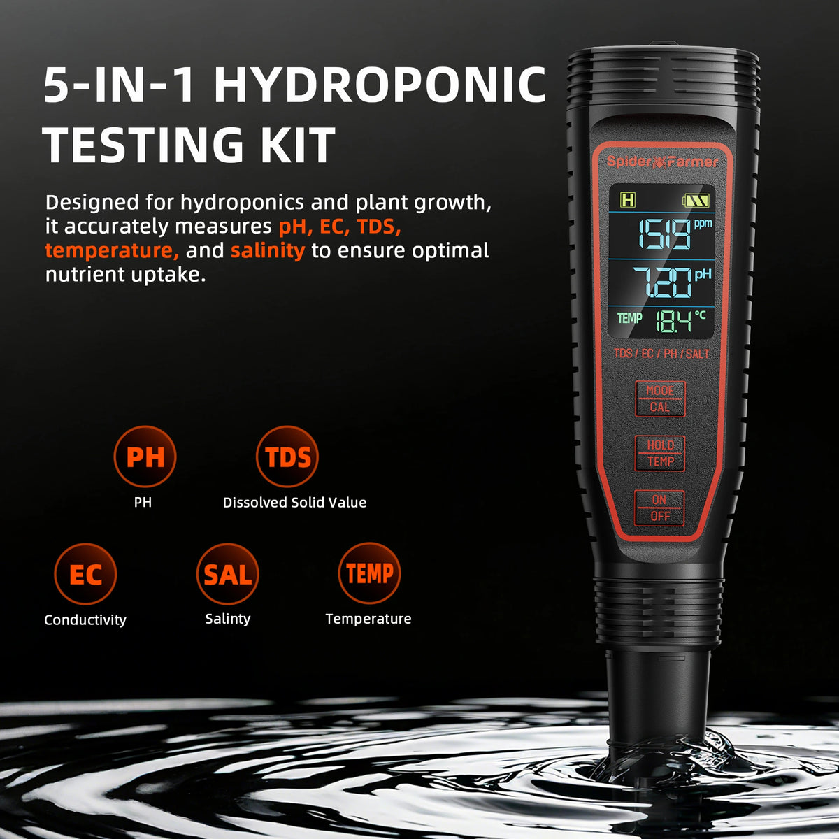 
                  
                    Spider Farmer® 5-in-1 pH Hydroponic Meter Kit
                  
                